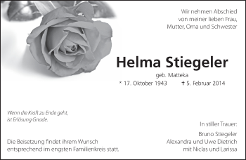 Traueranzeige von Helma Stiegeler von Eßlinger Zeitung/Cannstatter Zeitung