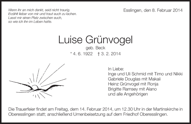  Traueranzeige für Luise Grünvogel vom 08.02.2014 aus Eßlinger Zeitung/Cannstatter Zeitung
