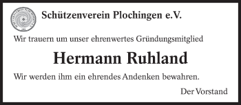 Traueranzeige von Hermann Ruhland von Eßlinger Zeitung/Cannstatter Zeitung