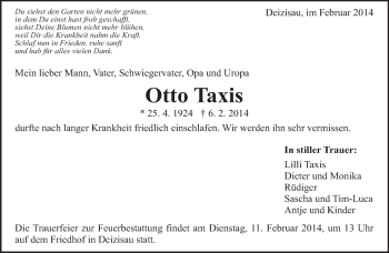 Traueranzeige von Otto Taxis von Eßlinger Zeitung/Cannstatter Zeitung