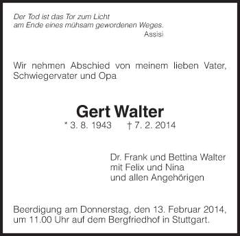 Traueranzeige von Gert Walter von Eßlinger Zeitung/Cannstatter Zeitung