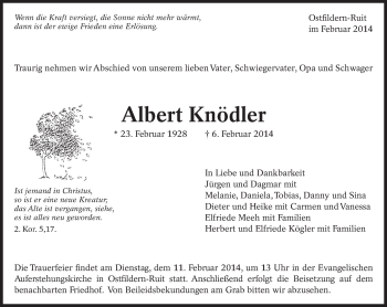 Traueranzeige von Albert Kndler von Eßlinger Zeitung/Cannstatter Zeitung