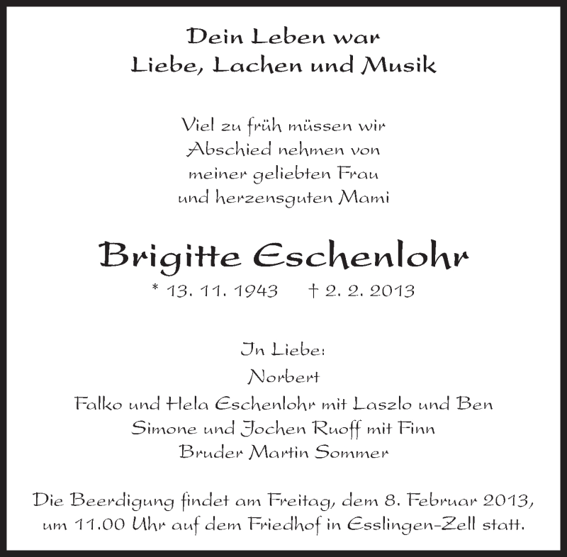  Traueranzeige für Brigitte Eschenlohr vom 05.02.2013 aus Eßlinger Zeitung/Cannstatter Zeitung