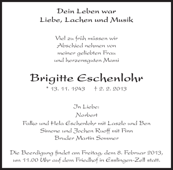 Traueranzeige von Brigitte Eschenlohr von Eßlinger Zeitung/Cannstatter Zeitung