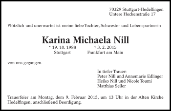 Traueranzeige von Karina Michaela Nill von Eßlinger Zeitung/Cannstatter Zeitung
