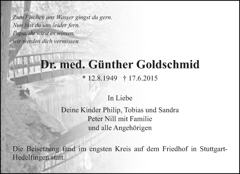  Traueranzeige für Günther Goldschmid vom 03.07.2015 aus Eßlinger Zeitung/Cannstatter Zeitung