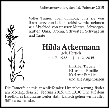 Traueranzeige von Hilda Ackermann von Eßlinger Zeitung/Cannstatter Zeitung