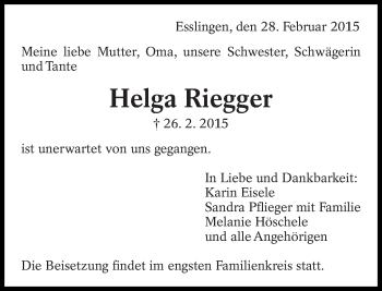 Traueranzeige von Helga Riegger von Eßlinger Zeitung/Cannstatter Zeitung