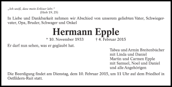 Traueranzeige von Hermann Epple von Eßlinger Zeitung/Cannstatter Zeitung