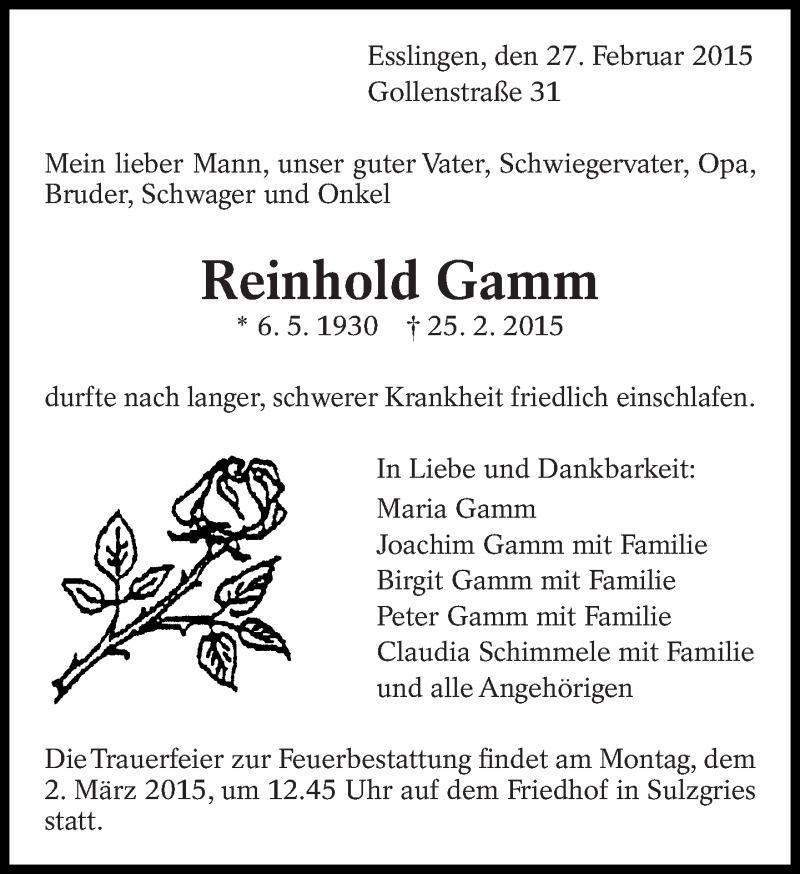  Traueranzeige für Reinhold Gamm vom 27.02.2015 aus Eßlinger Zeitung/Cannstatter Zeitung