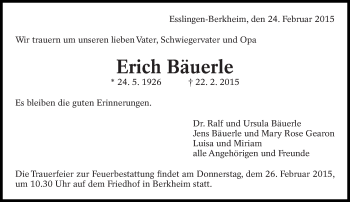 Traueranzeige von Erich Bäuerle von Eßlinger Zeitung/Cannstatter Zeitung