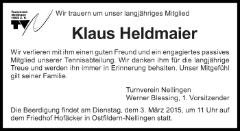 Traueranzeige von Klaus Heldmaier von Eßlinger Zeitung/Cannstatter Zeitung