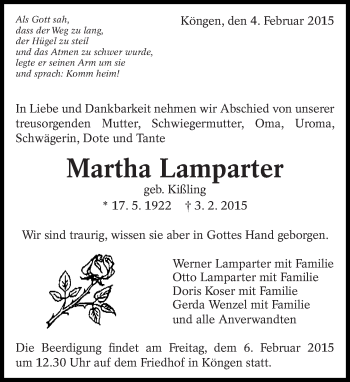 Traueranzeige von Martha Lamparter von Eßlinger Zeitung/Cannstatter Zeitung