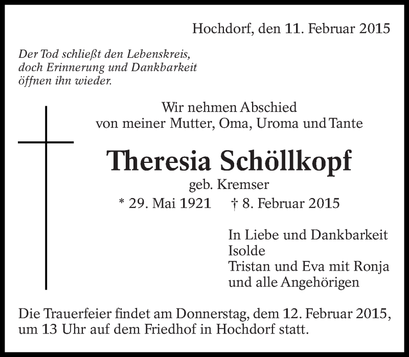  Traueranzeige für Theresia Schöllkopf vom 11.02.2015 aus Eßlinger Zeitung/Cannstatter Zeitung