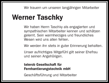 Traueranzeige von Werner Taschky von Eßlinger Zeitung/Cannstatter Zeitung