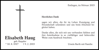 Traueranzeige von Elisabeth Haug von Eßlinger Zeitung/Cannstatter Zeitung