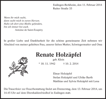 Traueranzeige von Renate Holzäpfel von Eßlinger Zeitung/Cannstatter Zeitung
