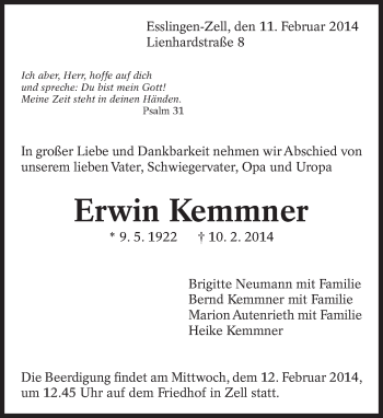 Traueranzeige von Erwin Kemmner von Eßlinger Zeitung/Cannstatter Zeitung