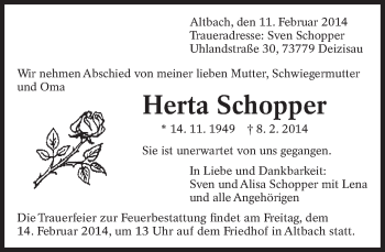 Traueranzeige von Herta Schopper von Eßlinger Zeitung/Cannstatter Zeitung