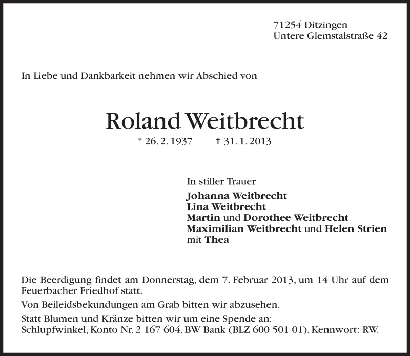 Traueranzeige für Roland Weitbrecht vom 05.02.2013 aus Eßlinger Zeitung/Cannstatter Zeitung