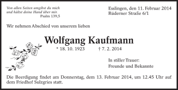 Traueranzeige von Wolfgang Kaufmann von Eßlinger Zeitung/Cannstatter Zeitung