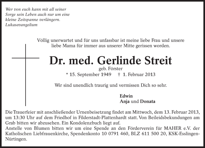  Traueranzeige für Gerlinde Streit vom 06.02.2013 aus Eßlinger Zeitung/Cannstatter Zeitung