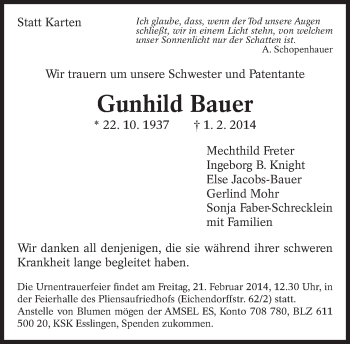 Traueranzeige von Gunhild Bauer von Eßlinger Zeitung/Cannstatter Zeitung