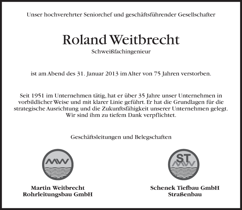  Traueranzeige für Roland Weitbrecht vom 05.02.2013 aus Eßlinger Zeitung/Cannstatter Zeitung