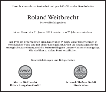 Traueranzeige von Roland Weitbrecht von Eßlinger Zeitung/Cannstatter Zeitung