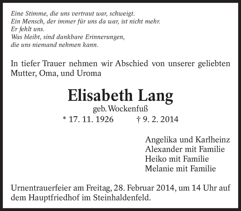  Traueranzeige für Elisabeth Lang vom 12.02.2014 aus Eßlinger Zeitung/Cannstatter Zeitung