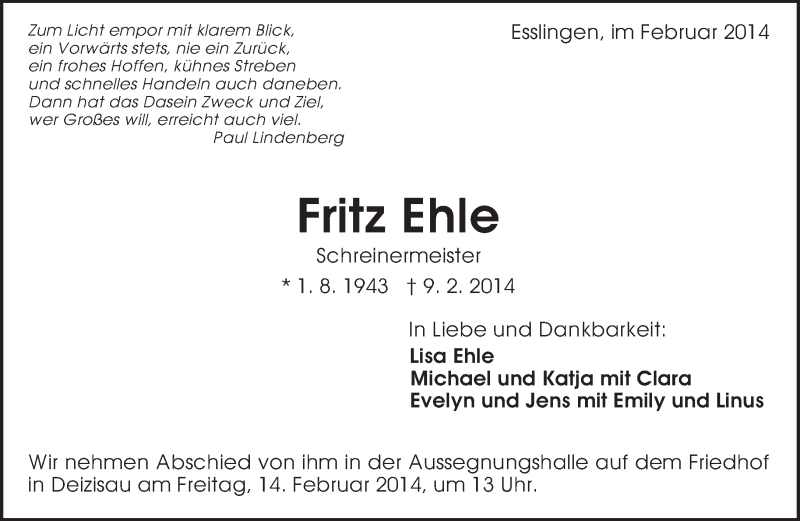  Traueranzeige für Fritz Ehle vom 12.02.2014 aus Eßlinger Zeitung/Cannstatter Zeitung