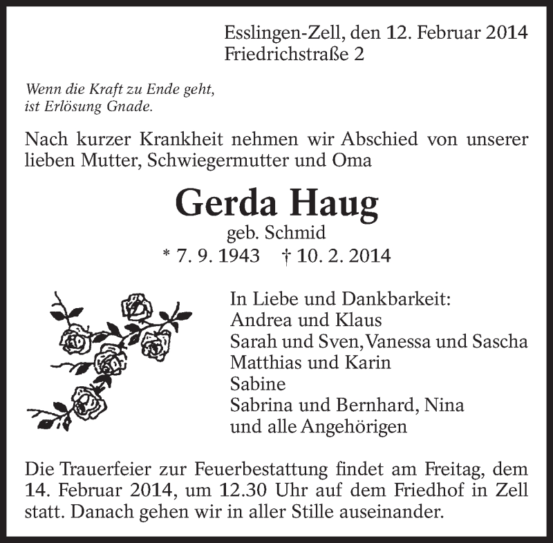 Traueranzeige für Gerda Haug vom 12.02.2014 aus Eßlinger Zeitung/Cannstatter Zeitung