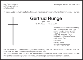 Traueranzeige von Gertrud Runge von Eßlinger Zeitung/Cannstatter Zeitung