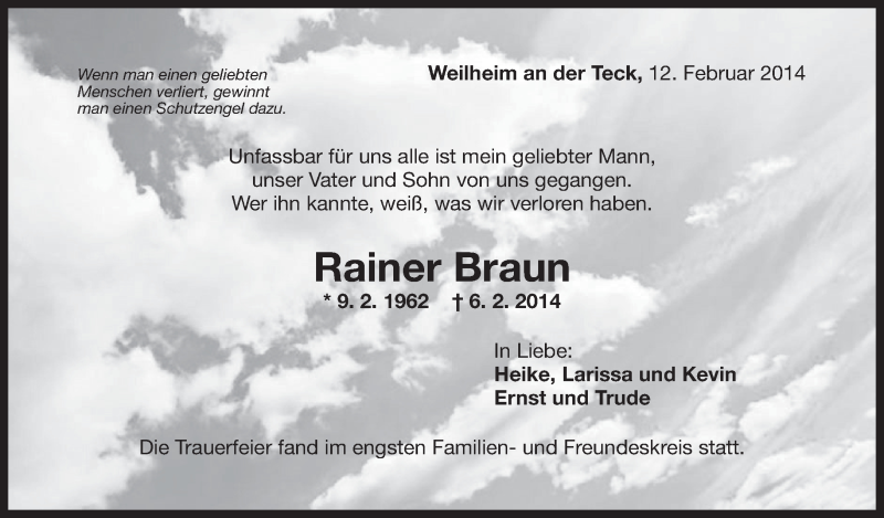  Traueranzeige für Rainer Braun vom 12.02.2014 aus Eßlinger Zeitung/Cannstatter Zeitung