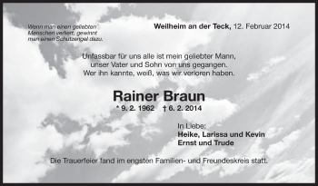 Traueranzeige von Rainer Braun von Eßlinger Zeitung/Cannstatter Zeitung
