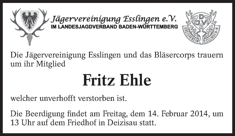  Traueranzeige für Fritz Ehle vom 12.02.2014 aus Eßlinger Zeitung/Cannstatter Zeitung