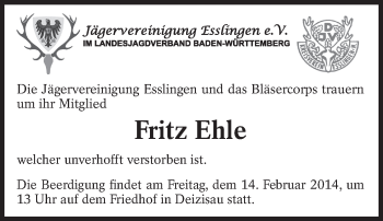 Traueranzeige von Fritz Ehle von Eßlinger Zeitung/Cannstatter Zeitung