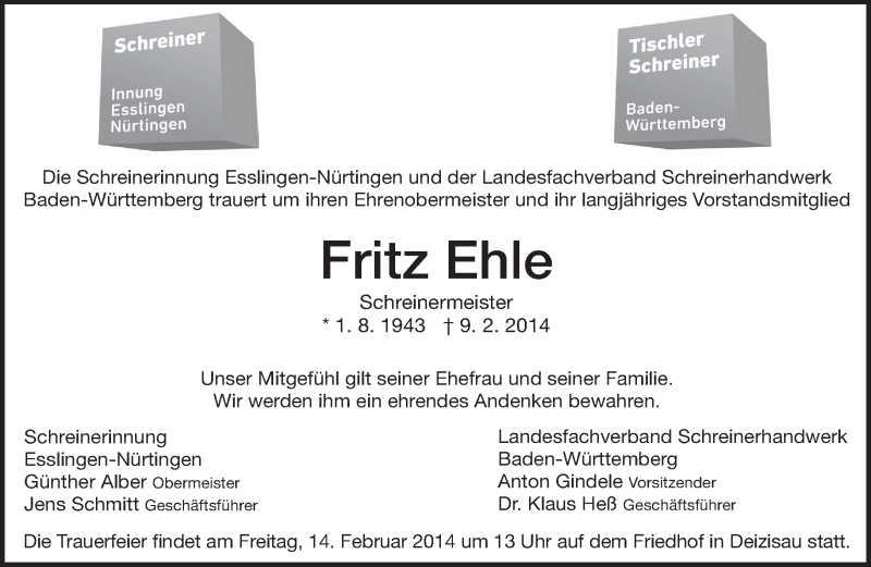  Traueranzeige für Fritz Ehle vom 12.02.2014 aus Eßlinger Zeitung/Cannstatter Zeitung
