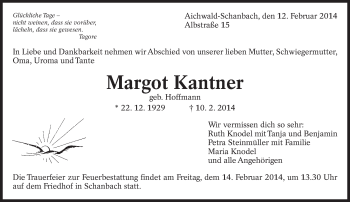 Traueranzeige von Margot Kantner von Eßlinger Zeitung/Cannstatter Zeitung
