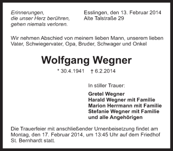 Traueranzeige von Wolfgang Wegner von Eßlinger Zeitung/Cannstatter Zeitung