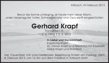 Traueranzeige von Gerhard Krapf von Eßlinger Zeitung/Cannstatter Zeitung