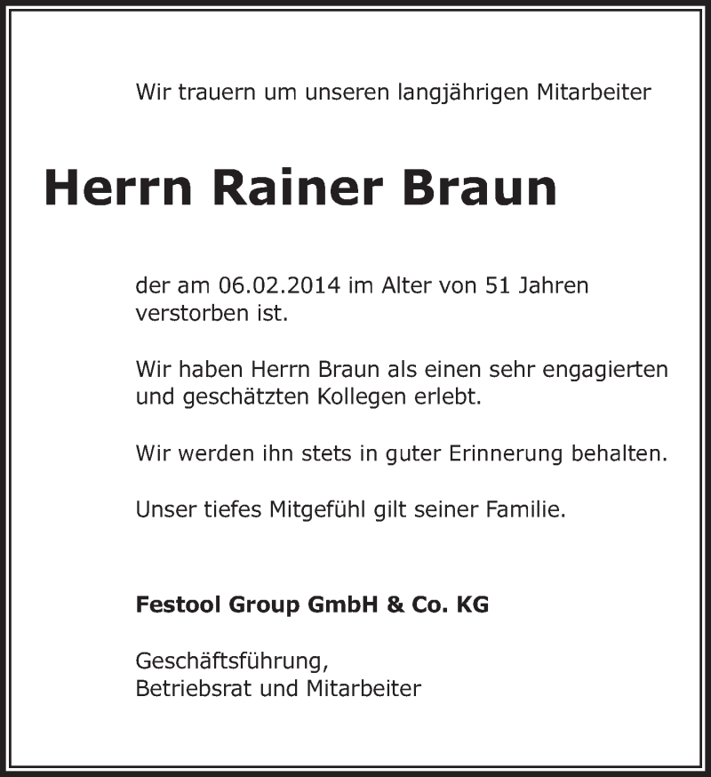  Traueranzeige für Rainer Braun vom 13.02.2014 aus Eßlinger Zeitung/Cannstatter Zeitung