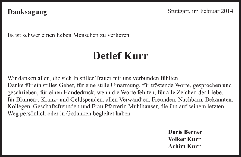  Traueranzeige für Detlef Kurr vom 15.02.2014 aus Eßlinger Zeitung/Cannstatter Zeitung