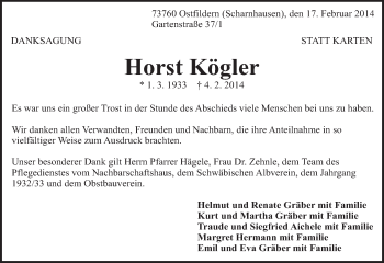 Traueranzeige von Horst Kögler von Eßlinger Zeitung/Cannstatter Zeitung
