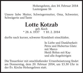 Traueranzeige von Lotte Kotzab von Eßlinger Zeitung/Cannstatter Zeitung