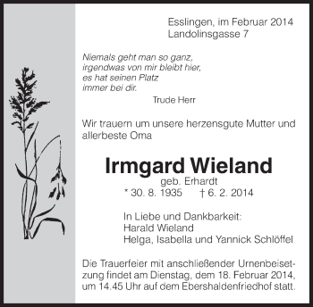 Traueranzeige von Irmgard Wieland von Eßlinger Zeitung/Cannstatter Zeitung
