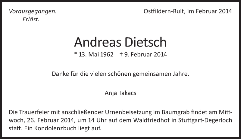  Traueranzeige für Andreas Dietsch vom 15.02.2014 aus Eßlinger Zeitung/Cannstatter Zeitung