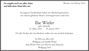 Traueranzeige von Ilse Wieler von Eßlinger Zeitung/Cannstatter Zeitung