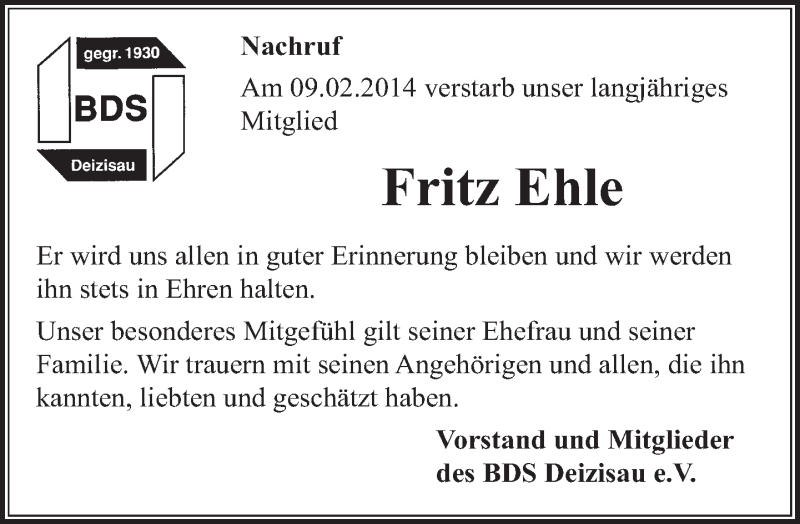  Traueranzeige für Fritz Ehle vom 14.02.2014 aus Eßlinger Zeitung/Cannstatter Zeitung