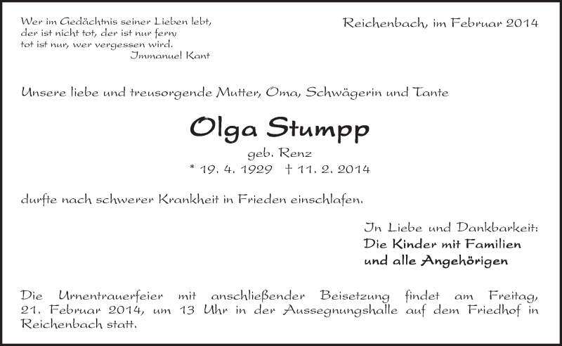  Traueranzeige für Olga Stumpp vom 18.02.2014 aus Eßlinger Zeitung/Cannstatter Zeitung